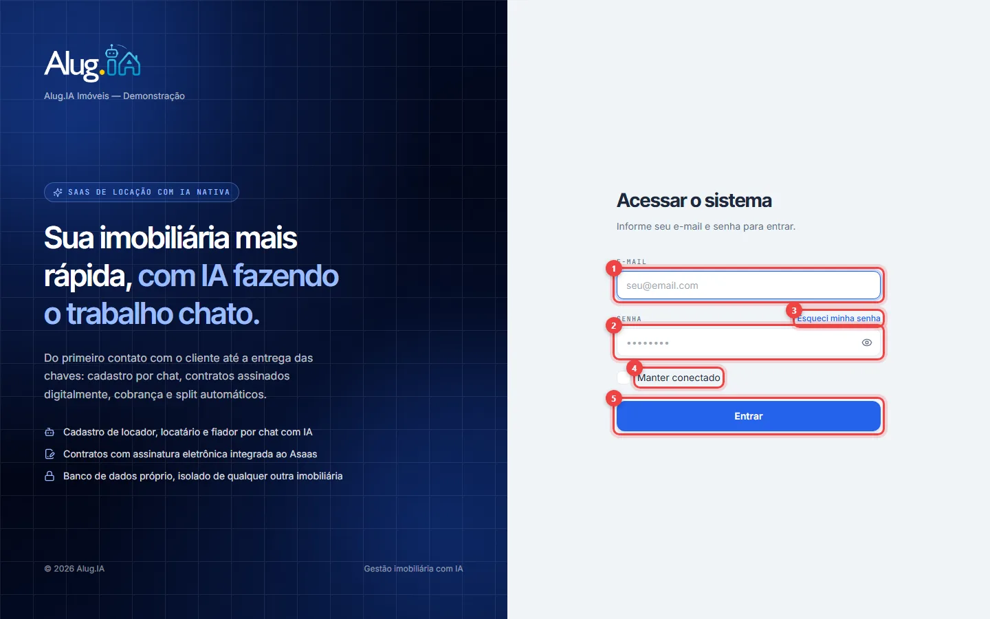Tela de login do Alug.IA com os campos E-mail e Senha, o link Esqueci minha senha, a opção Manter conectado e o botão Entrar