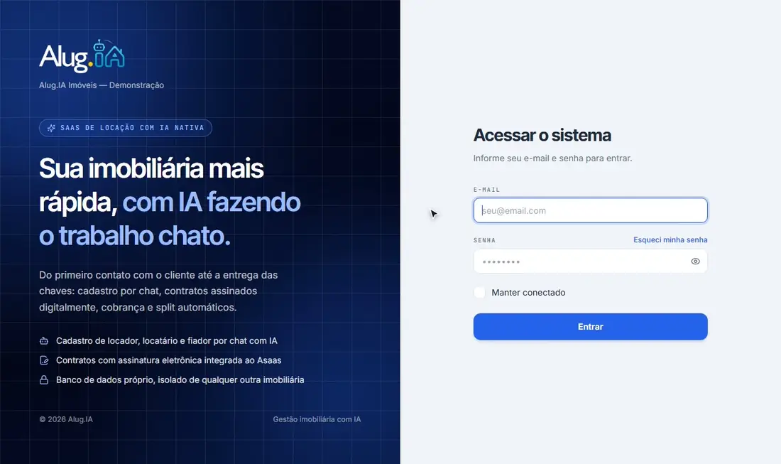 Preenchendo e-mail e senha e marcando Manter conectado na tela de login