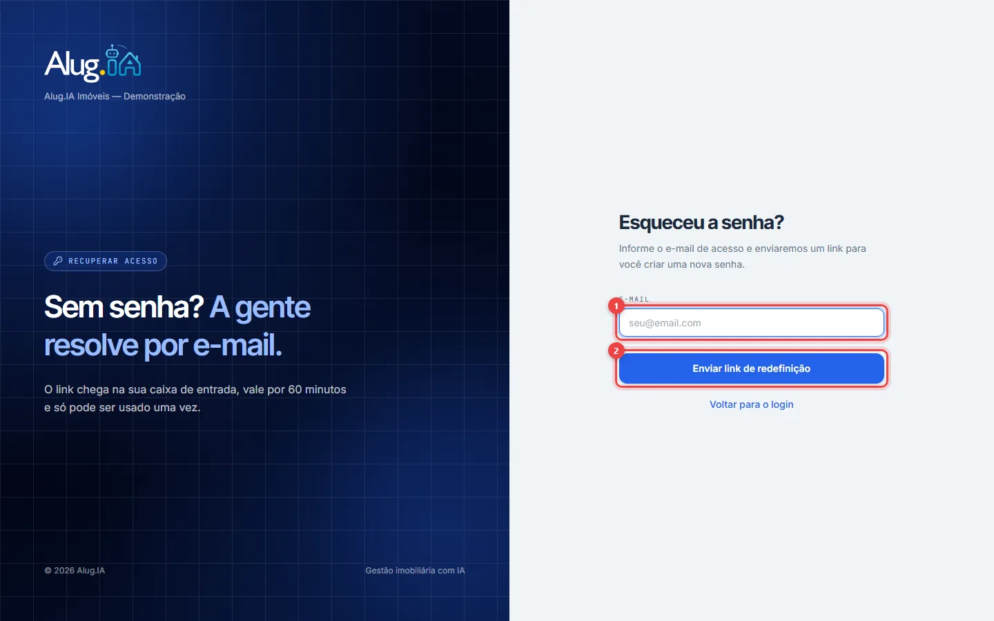 Tela Esqueceu a senha? com o campo de e-mail e o botão Enviar link de redefinição