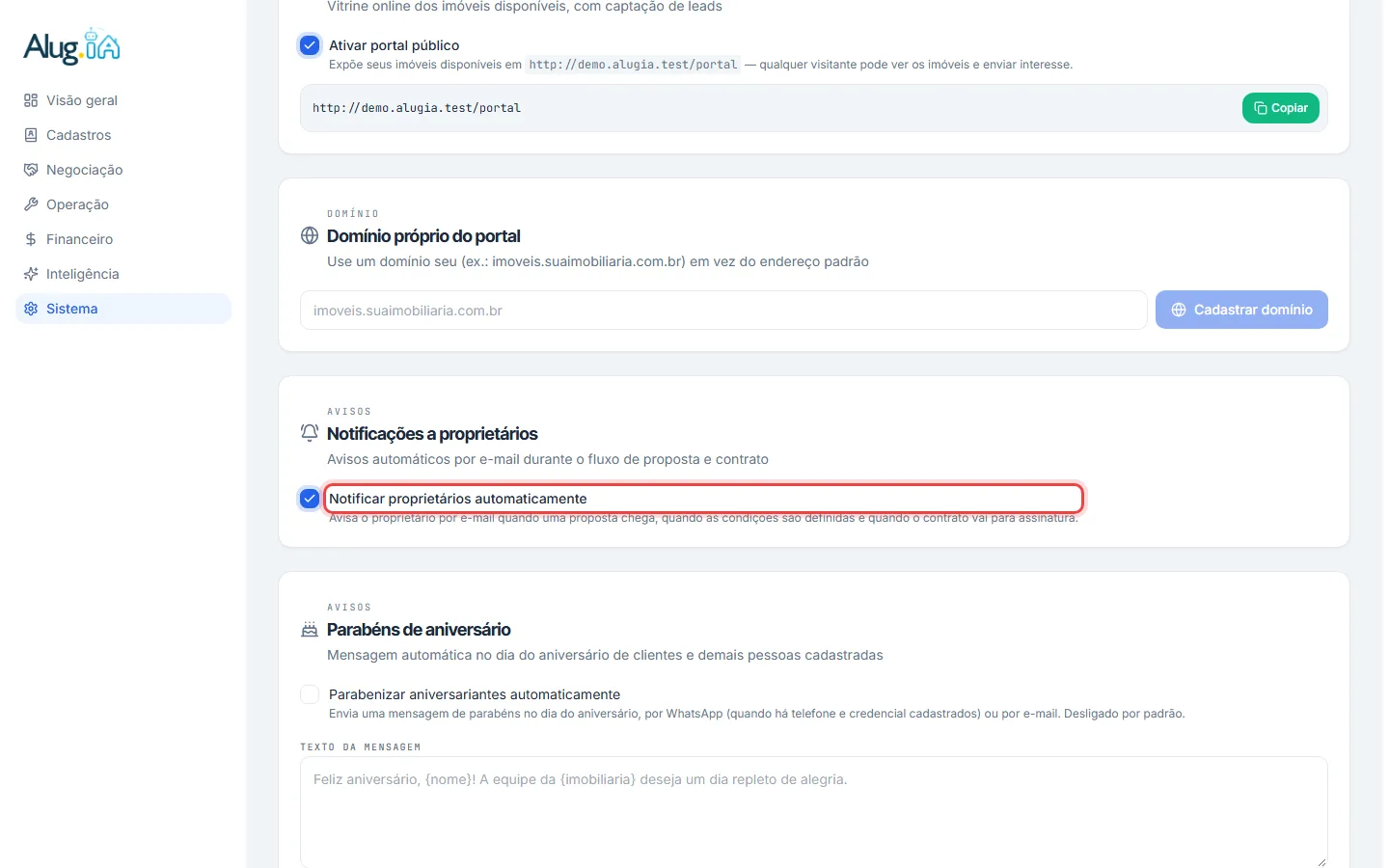 Opção Notificar proprietários automaticamente nas configurações