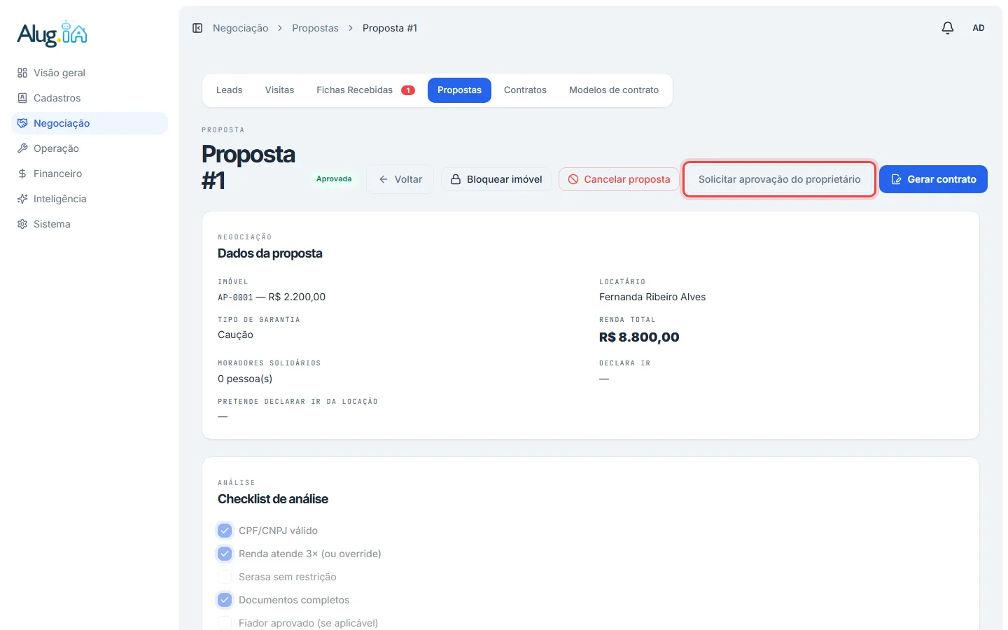 Botão Solicitar aprovação do proprietário na tela de análise da proposta