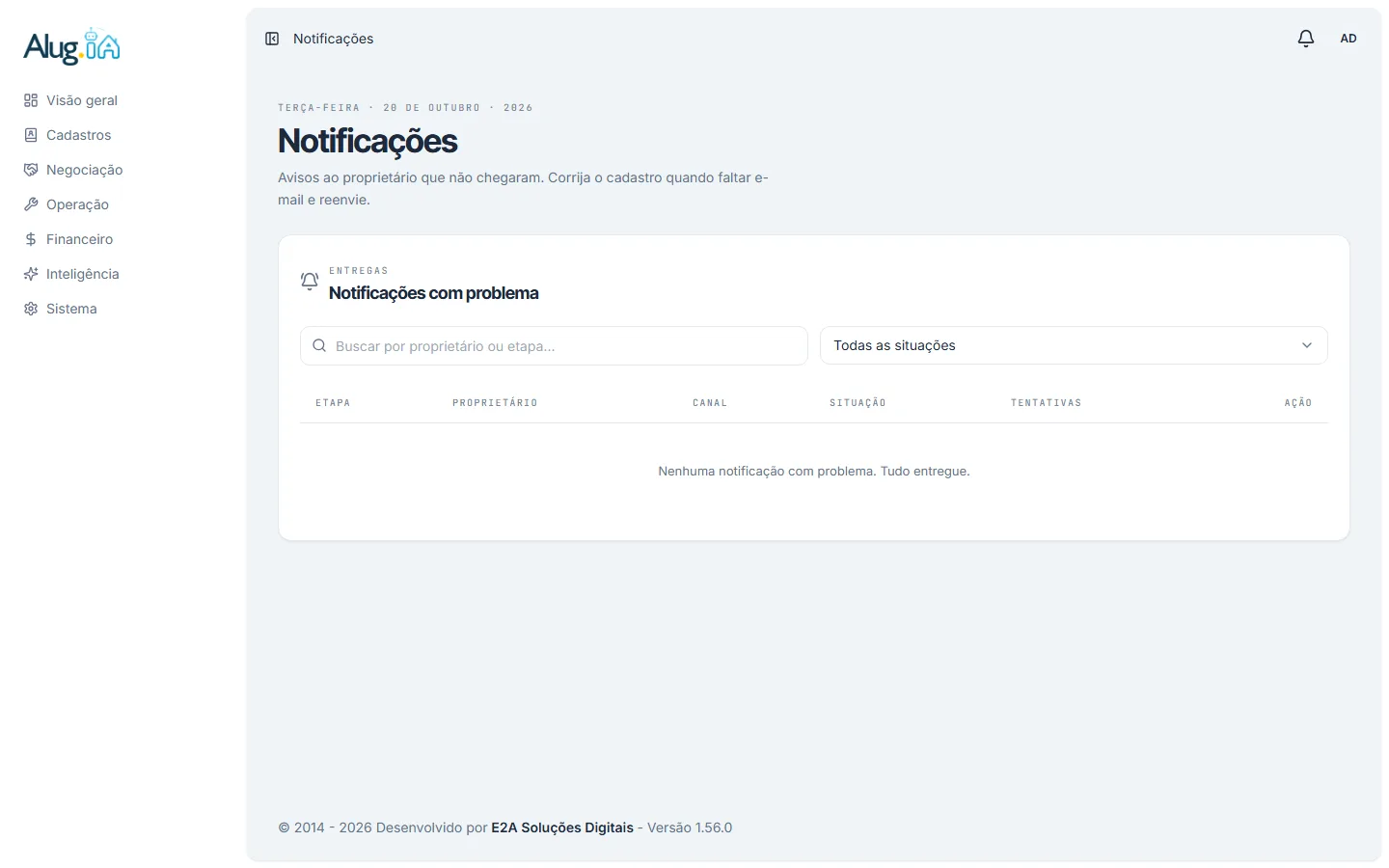 Central de notificações com a lista de avisos ao proprietário que precisam de atenção