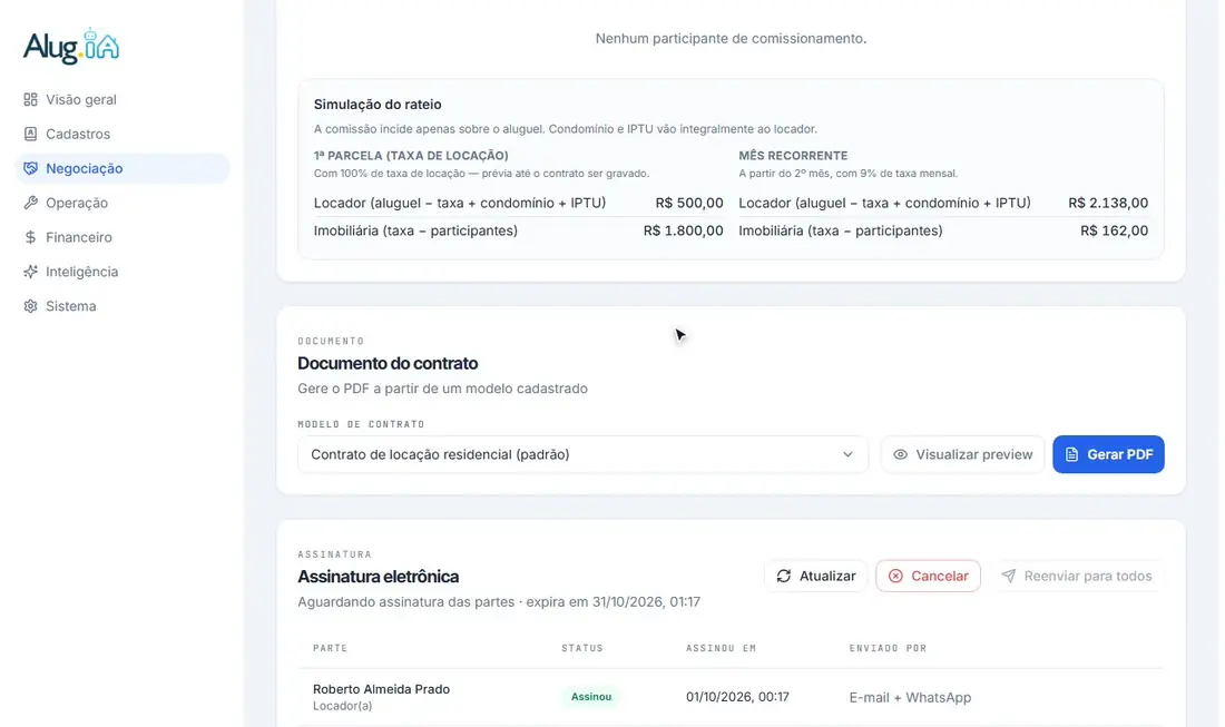 Escolhendo o modelo do contrato antes de gerar o PDF