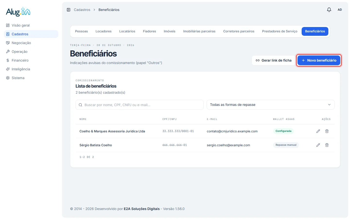 Lista de beneficiários com o botão Novo beneficiário