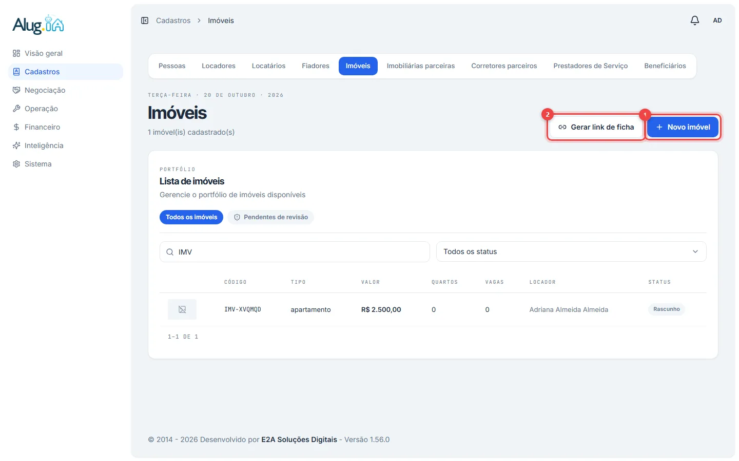 Lista de imóveis com os botões Gerar link de ficha e Novo imóvel