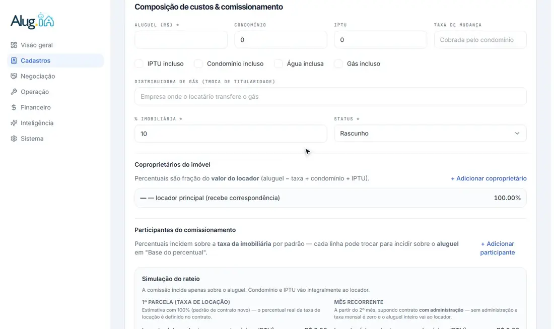 Adicionando coproprietário e participante da comissão
