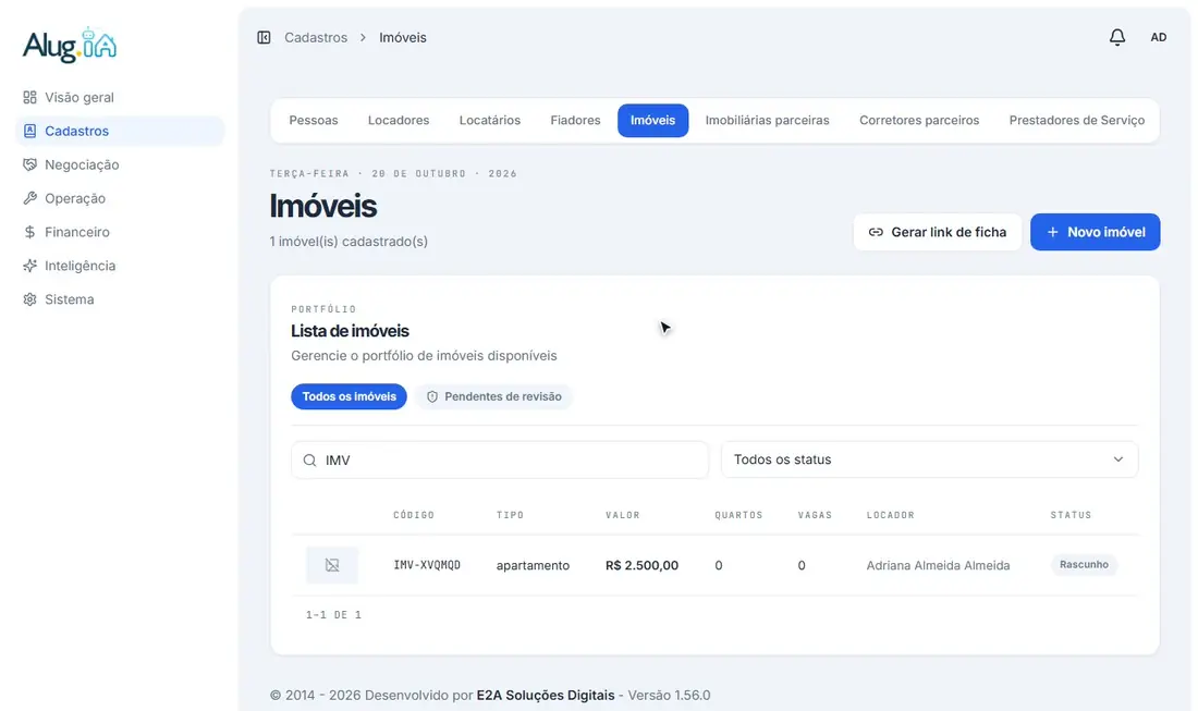 Janela Gerar link de ficha com a escolha do locador