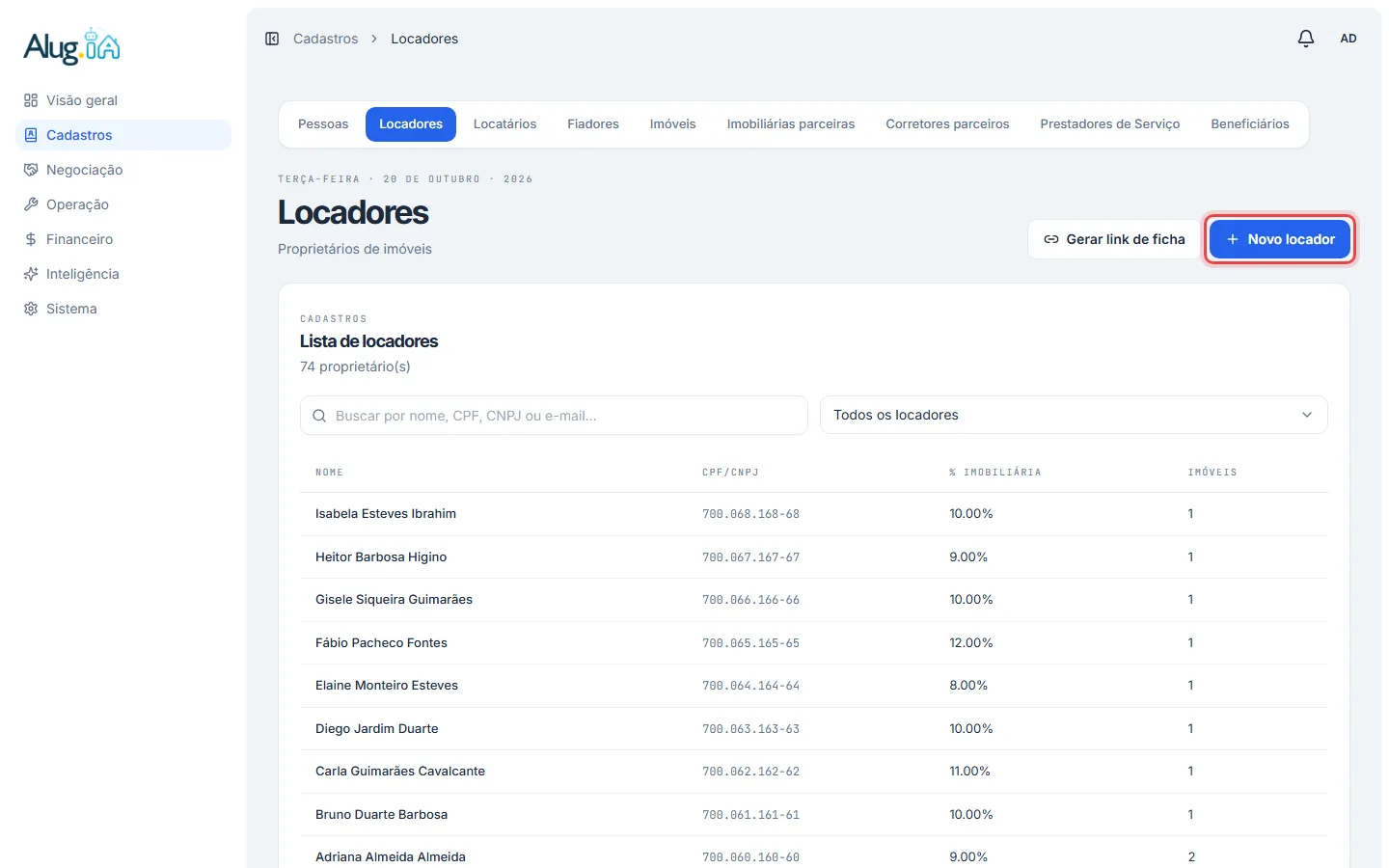 Lista de locadores com o botão Novo locador
