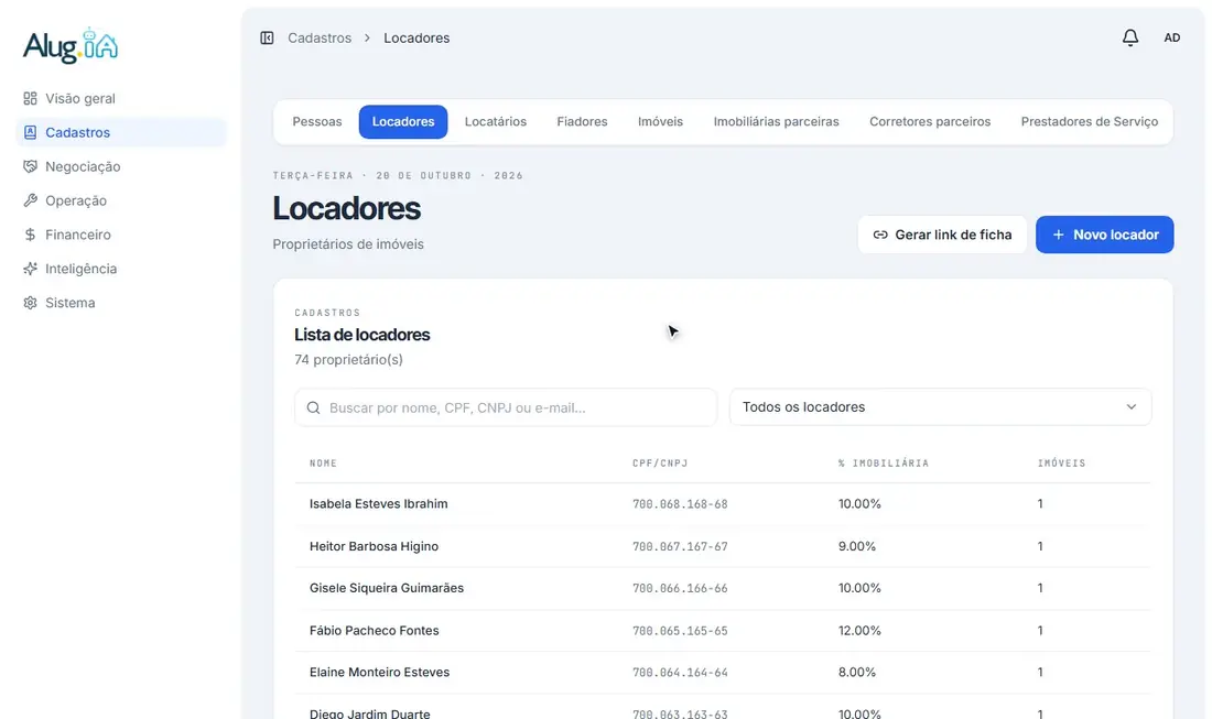 Escolhendo a pessoa, o percentual da imobiliária e os dados bancários
