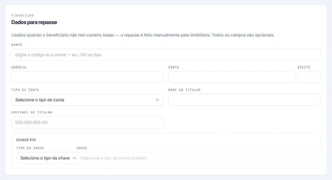 Bloco Dados para repasse com banco, agência, conta e chave Pix