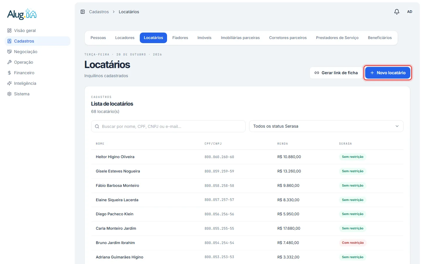 Lista de locatários com o botão Novo locatário