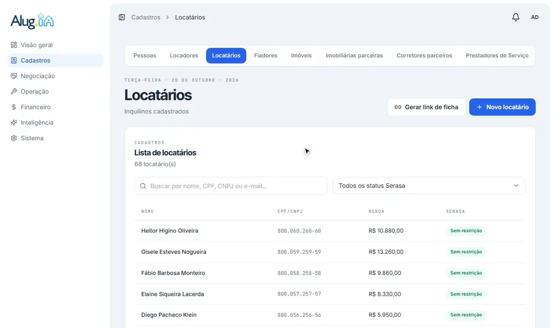 Escolhendo a pessoa, o score e o status Serasa do locatário