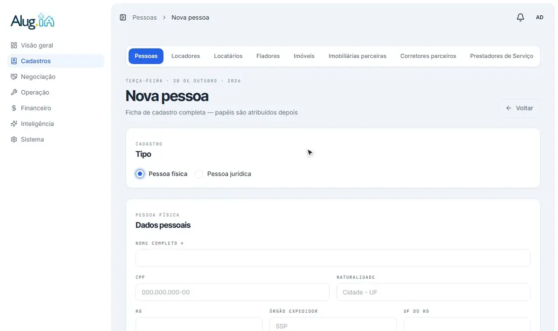 Alternando para pessoa jurídica e preenchendo razão social e CNPJ