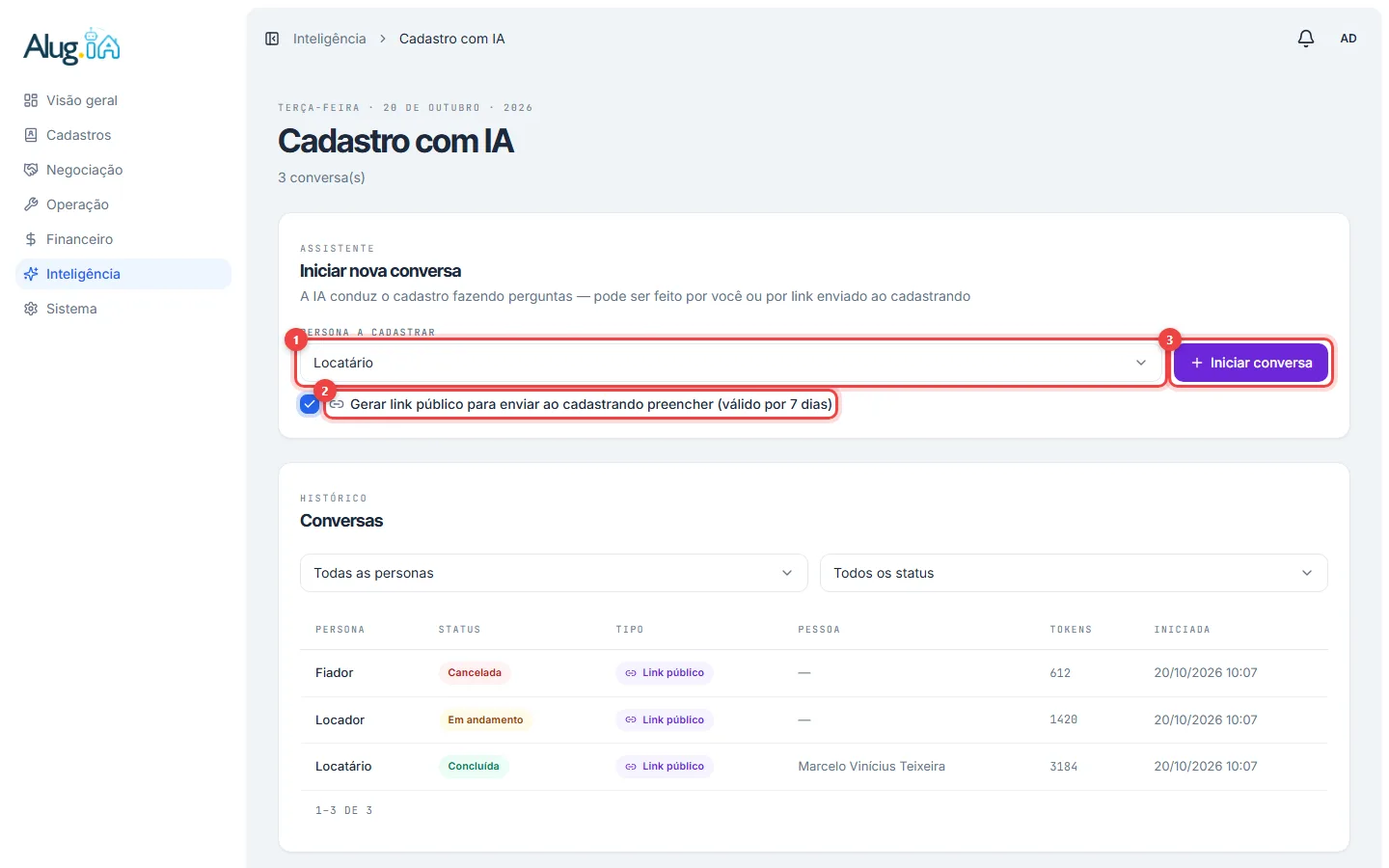 Tela Cadastro com IA com a escolha da pessoa a cadastrar, a opção de gerar link público e o botão Iniciar conversa