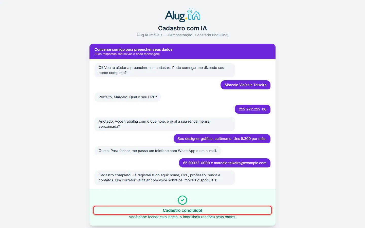 Página do link público depois do envio, com a mensagem Cadastro concluído!