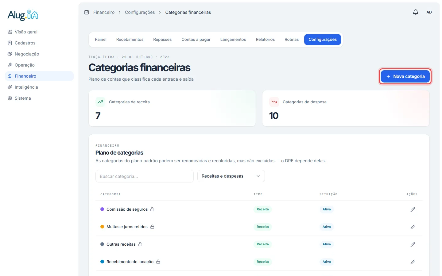 Lista de categorias financeiras de receita e despesa