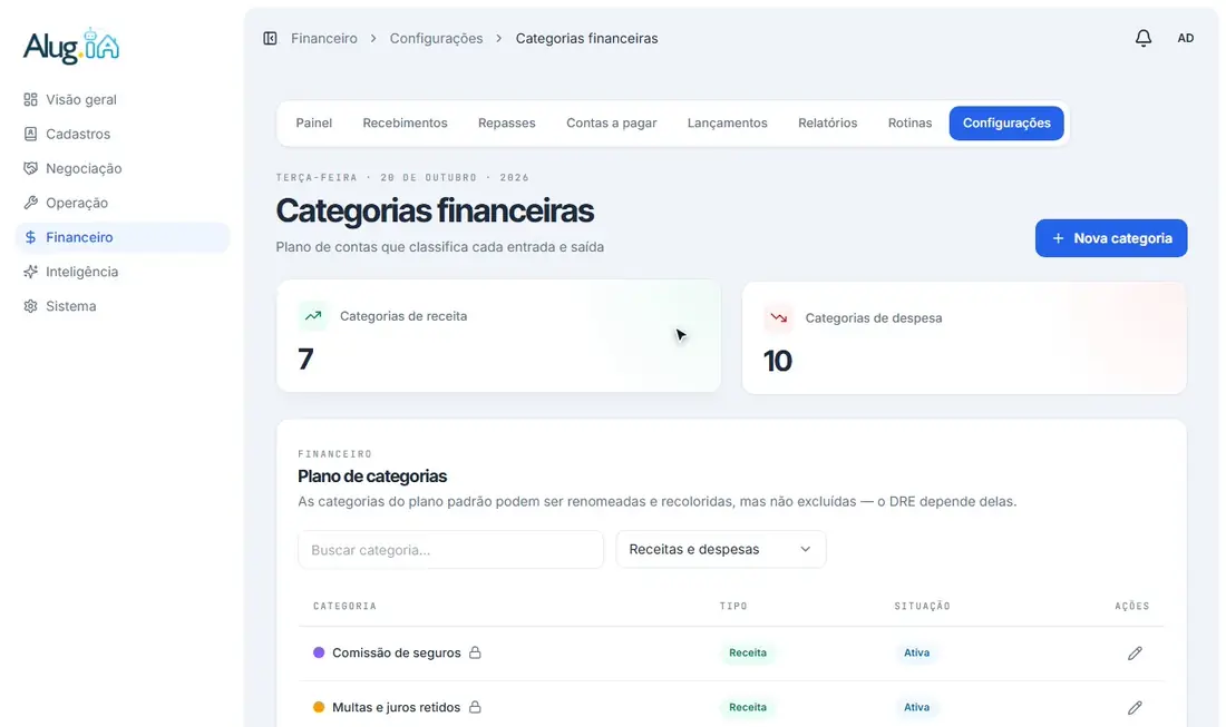 Cadastrando uma nova categoria financeira