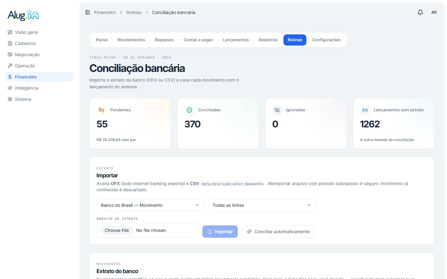 Tela de conciliação bancária com os cartões de situação