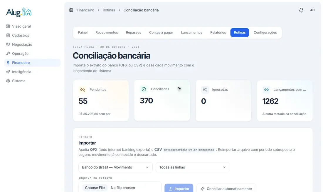 Escolhendo a conta e o arquivo do extrato para importar