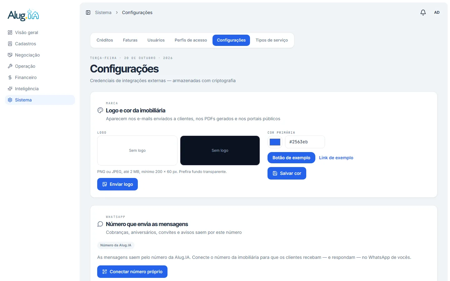 Tela de Configurações com as seções de marca, WhatsApp, portais, cobrança e avisos