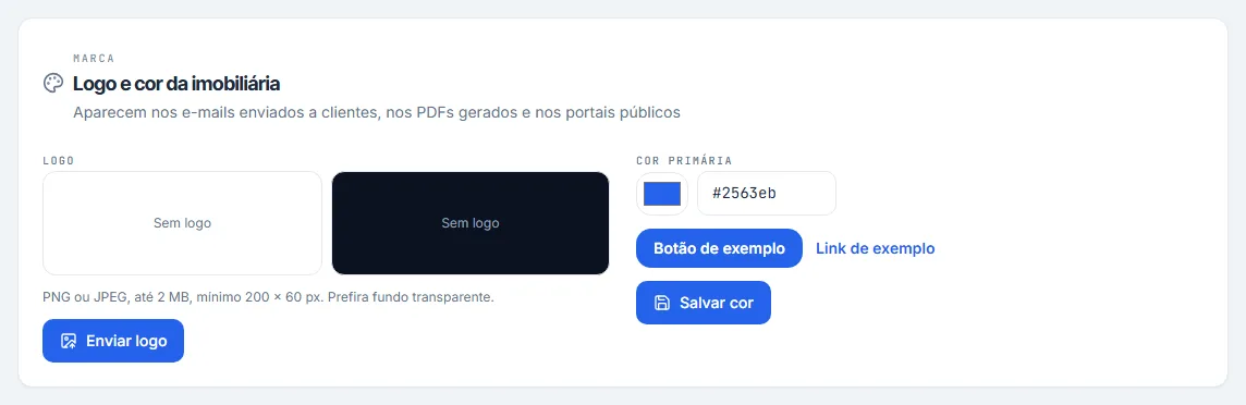 Seção Logo e cor da imobiliária, com a prévia da logo em fundo claro e escuro e o seletor de cor primária