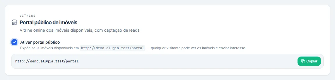 Portal público ativado, com o endereço da vitrine e o botão Copiar