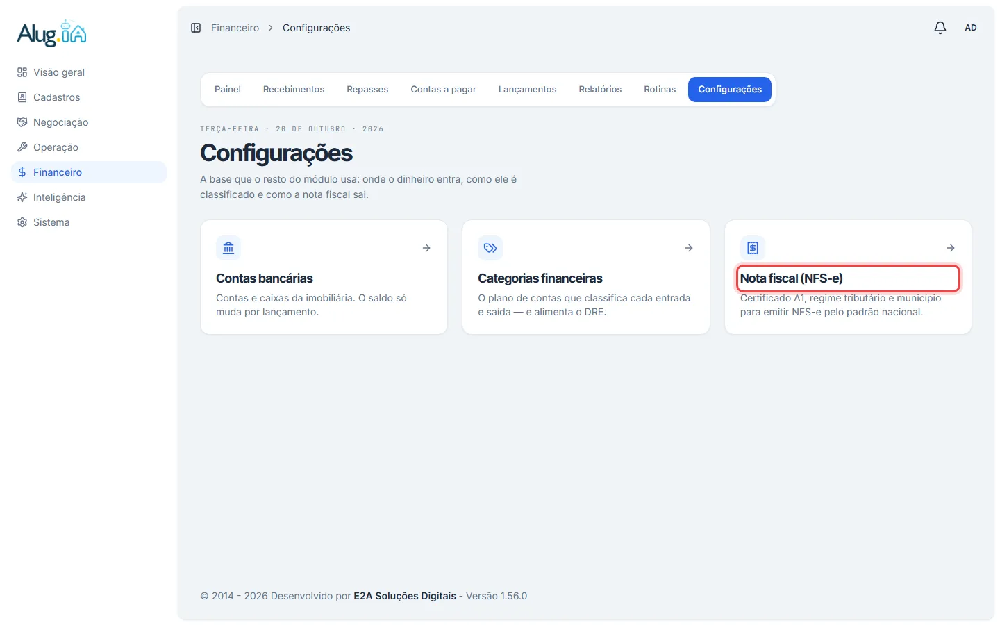 Tela de configurações do Financeiro com o cartão Nota fiscal (NFS-e)