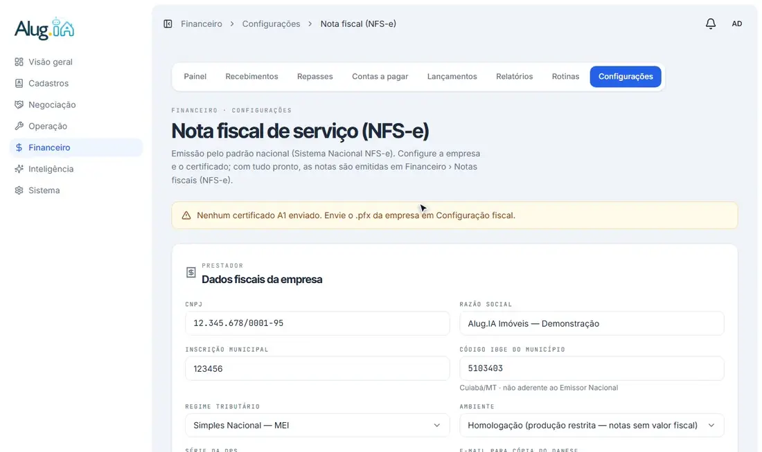Preenchendo os dados fiscais da empresa