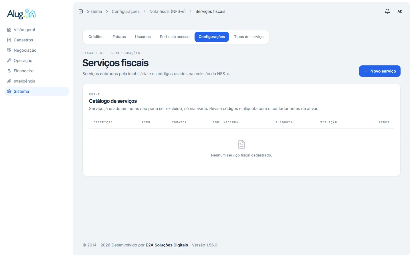 Catálogo de serviços fiscais, com o botão Novo serviço no canto superior direito