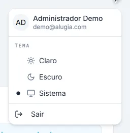Menu do usuário aberto, com o nome, o e-mail, as opções de tema Claro, Escuro e Sistema e o botão Sair