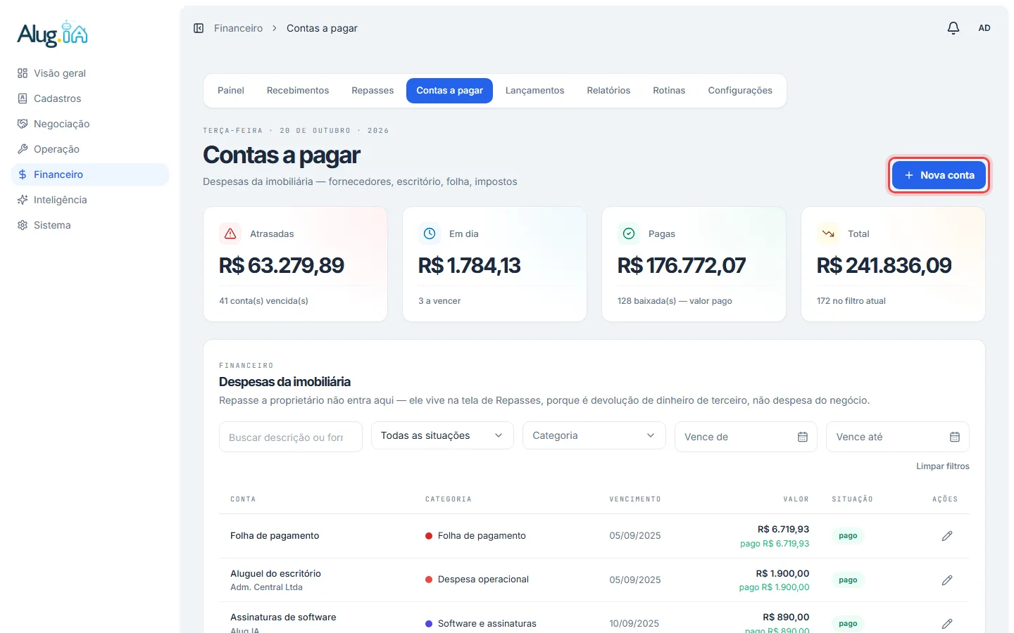 Lista de contas a pagar com o botão Nova conta destacado