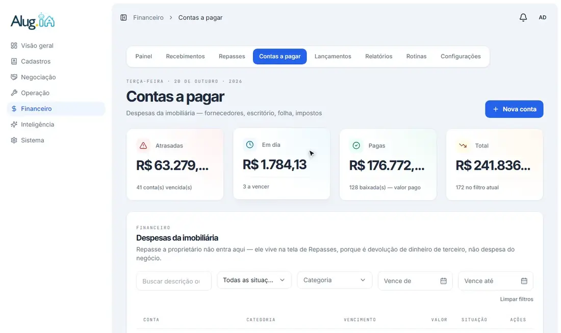 Preenchendo o formulário de uma nova conta a pagar