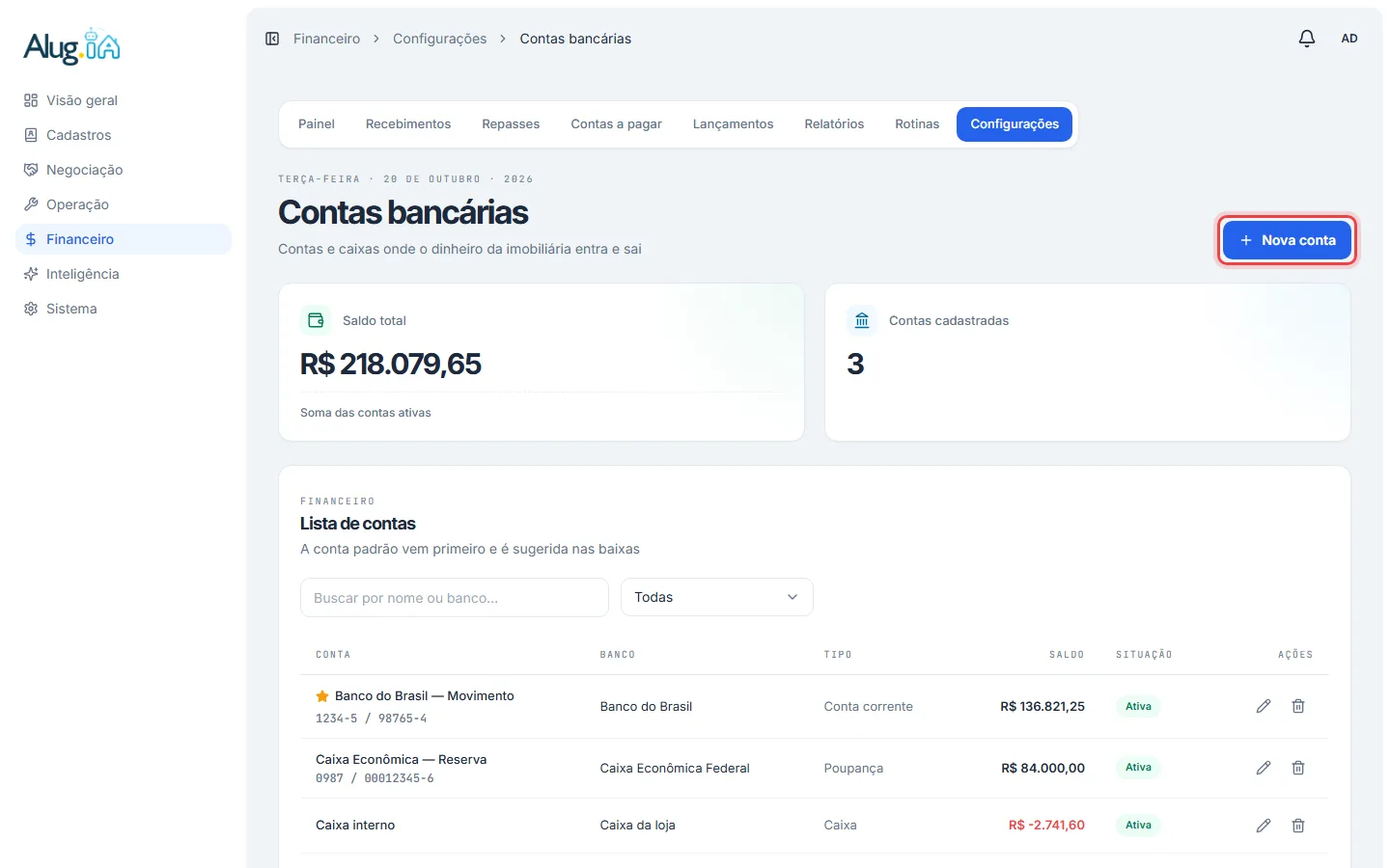 Lista de contas bancárias com saldo, tipo e situação