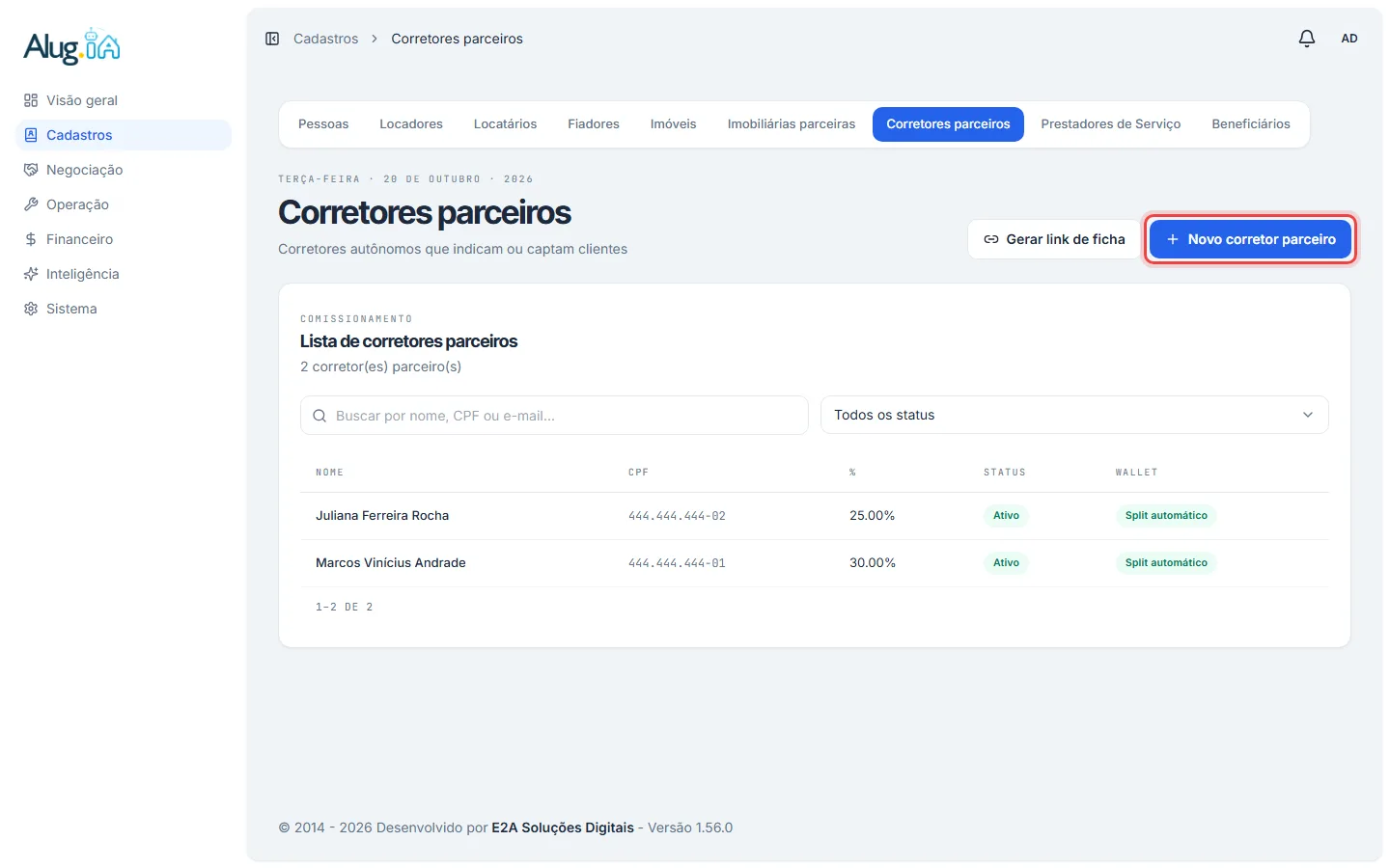 Lista de corretores parceiros com o botão Novo corretor parceiro
