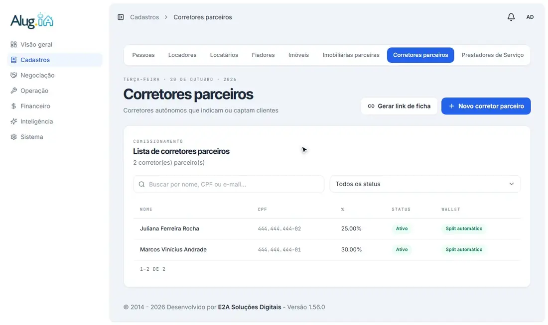 Escolhendo a pessoa, o CRECI e o percentual padrão do corretor
