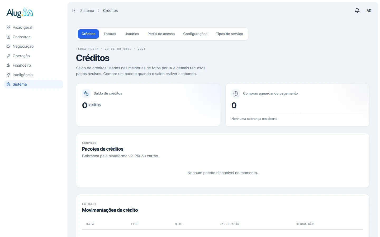 Tela de Créditos com o saldo, as compras aguardando pagamento e a vitrine de pacotes