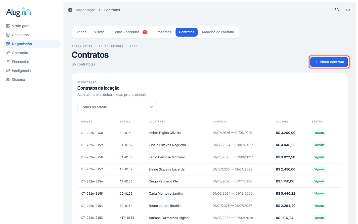 Botão Novo contrato na lista de contratos
