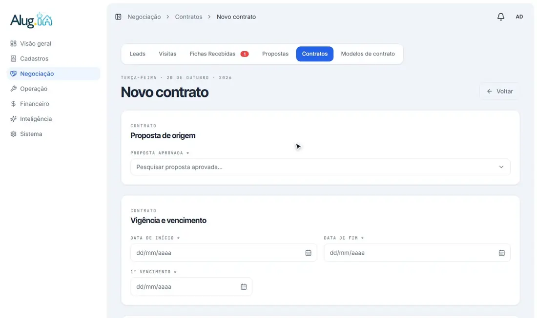 Preenchendo proposta, vigência, valores e reajuste
