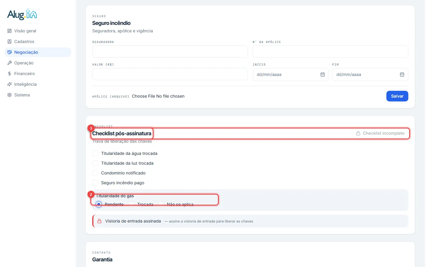 Detalhes do contrato criado, com documento, assinatura e checklist