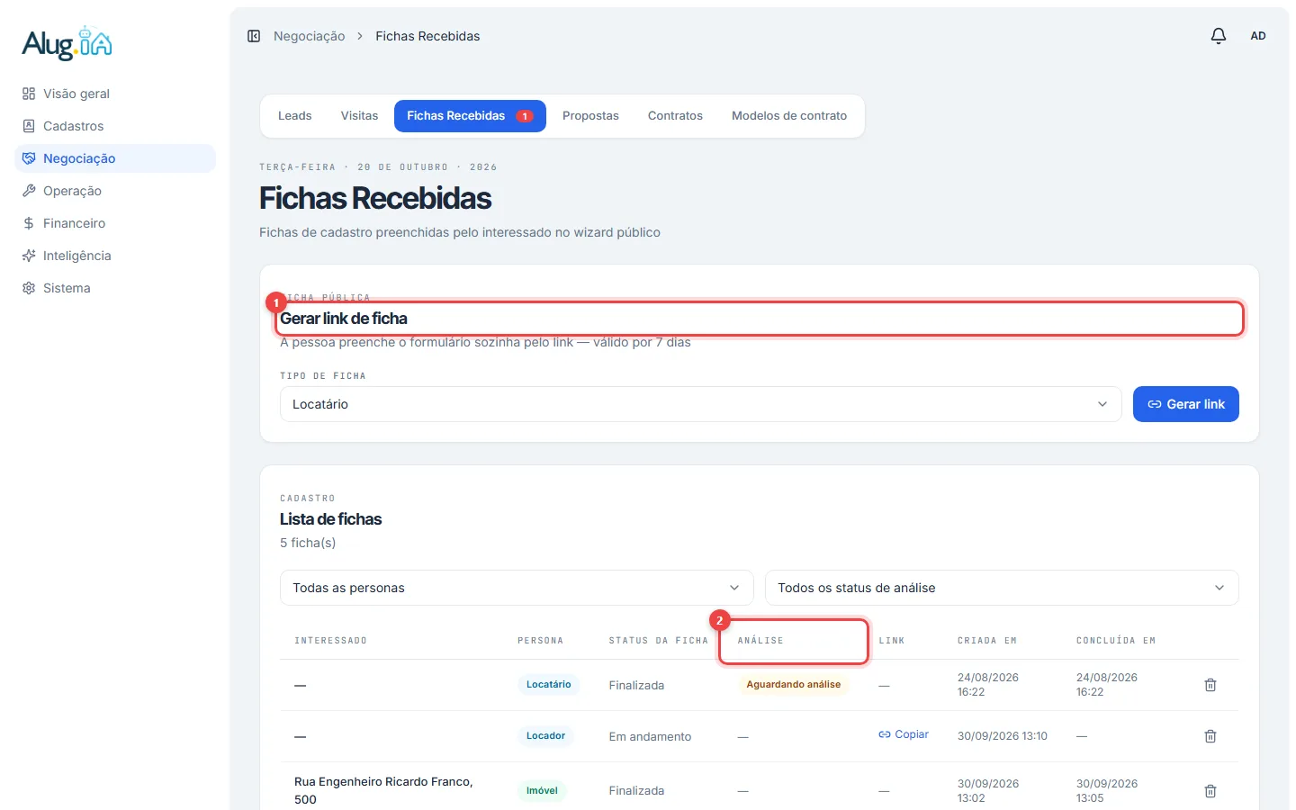 Card Gerar link de ficha e coluna Análise na lista de fichas recebidas