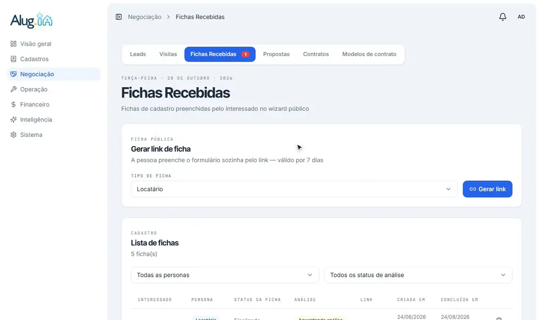 Escolhendo o tipo de ficha e gerando o link