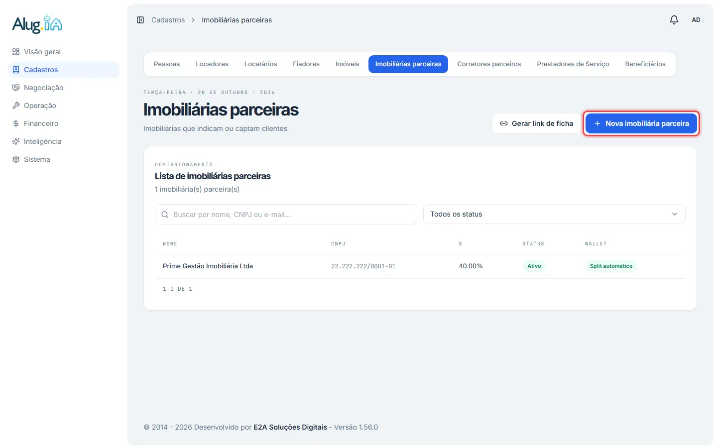 Lista de imobiliárias parceiras com o botão Nova imobiliária parceira