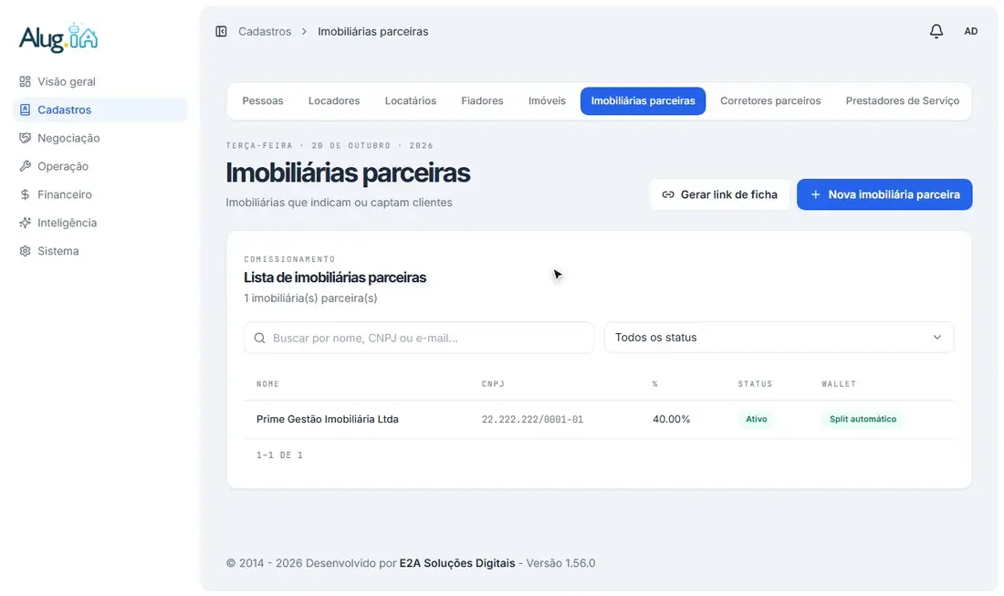 Escolhendo a pessoa jurídica, o CRECI e o percentual padrão
