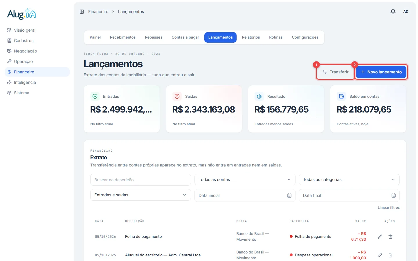 Extrato de lançamentos com os botões Transferir e Novo lançamento