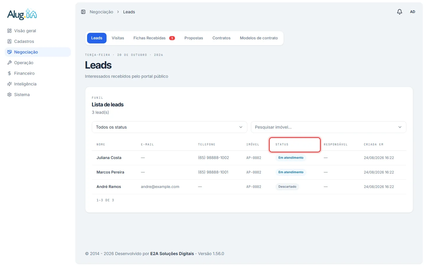 Lista de leads com a coluna Status destacada