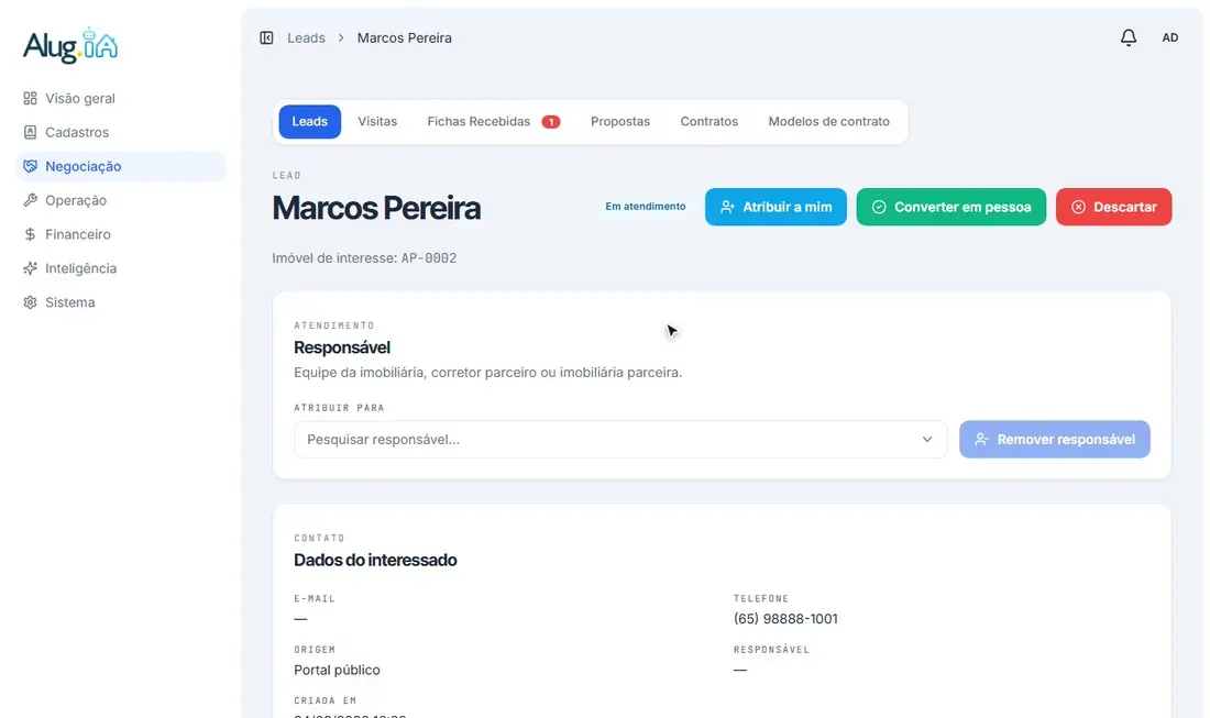 Escolhendo o responsável pelo lead na lista de equipe e parceiros