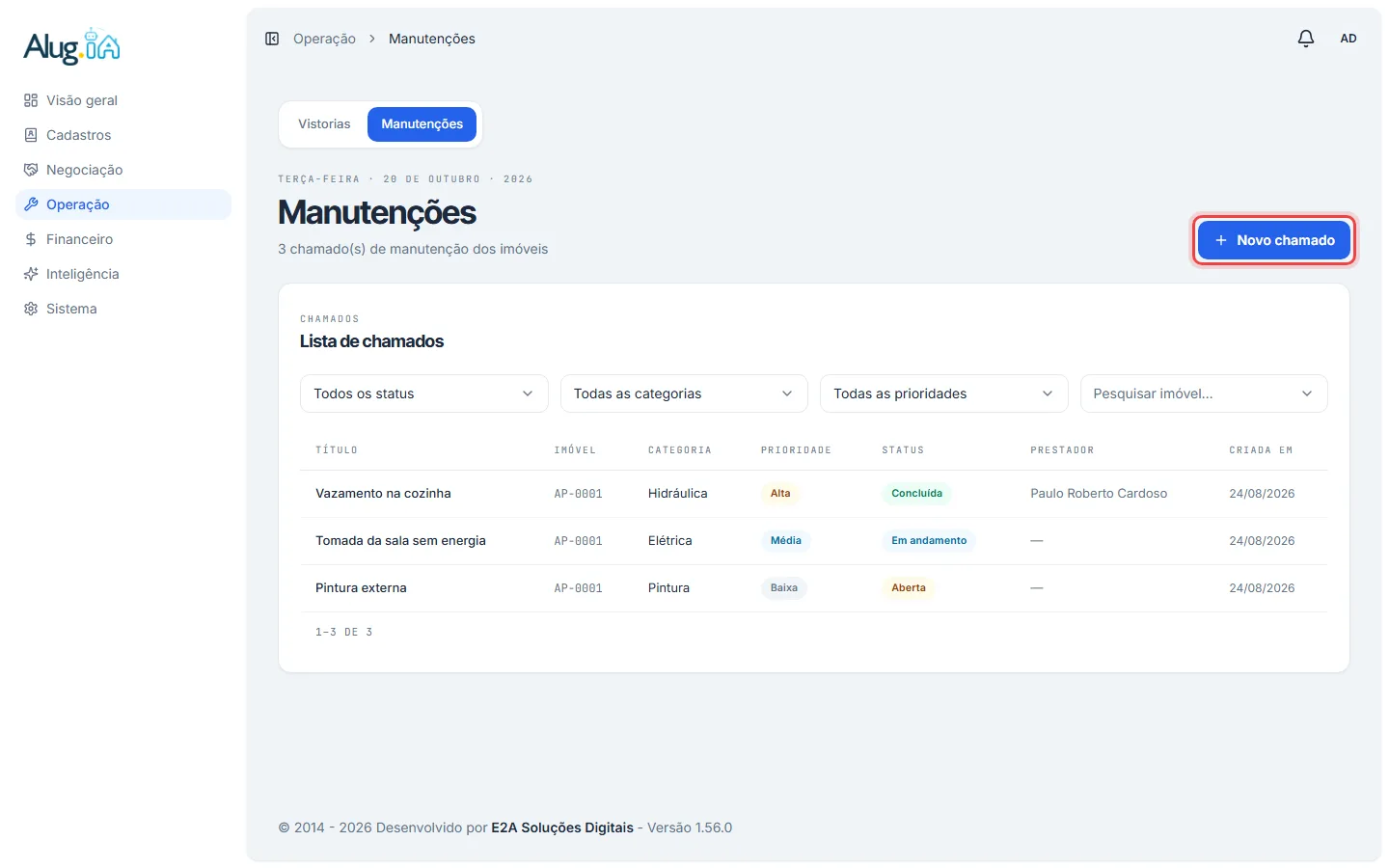 Botão Novo chamado na lista de manutenções