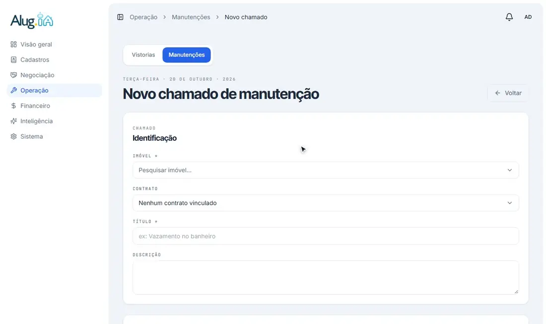 Preenchendo imóvel, título e descrição do chamado
