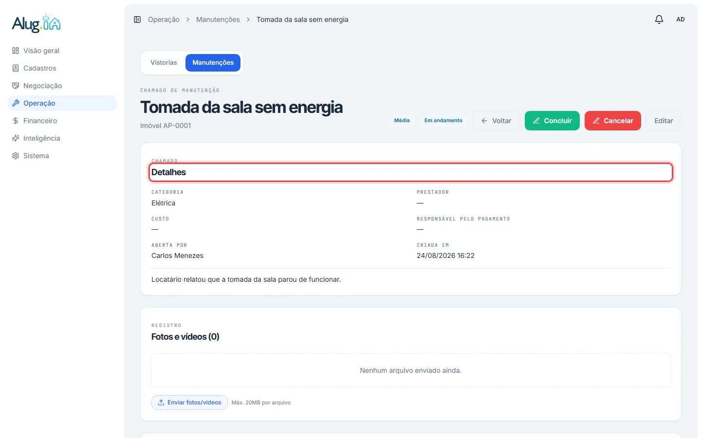 Tela do chamado com detalhes, status e botões de ação