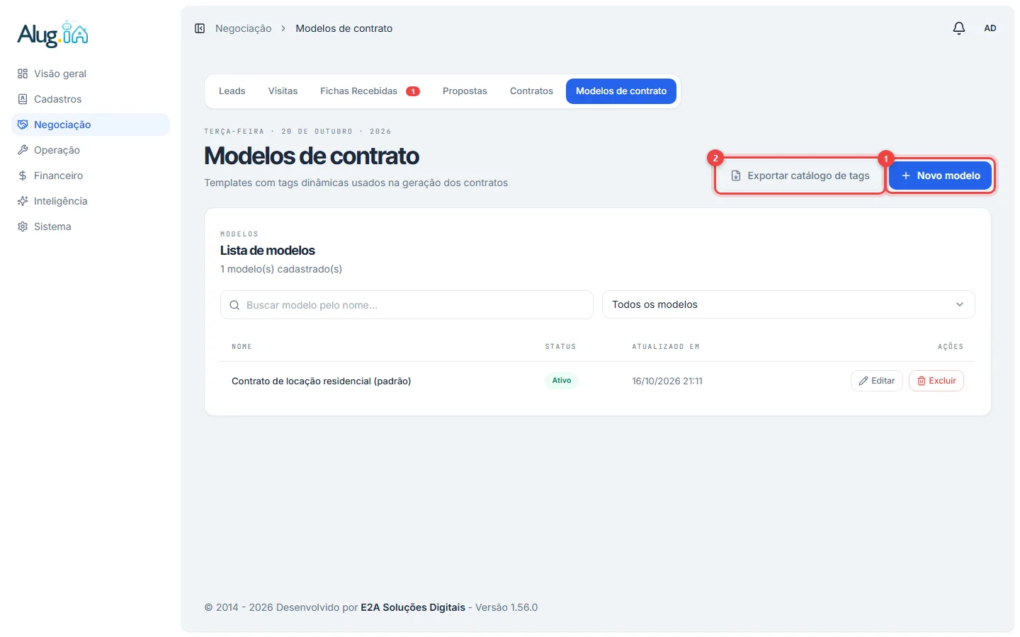 Lista de modelos com os botões Novo modelo e Exportar catálogo de tags